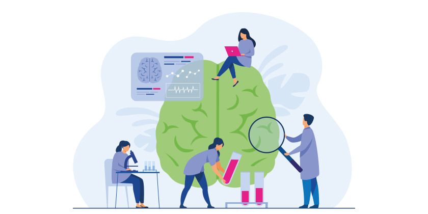 Graphic of a brain and four people analysing it