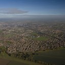 Aerial view of a town on a sunny day