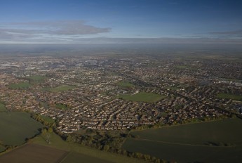 Aerial view of a town on a sunny day