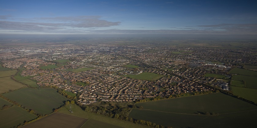 Aerial view of a town on a sunny day
