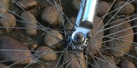 Close up of bicycle wheel showing spokes